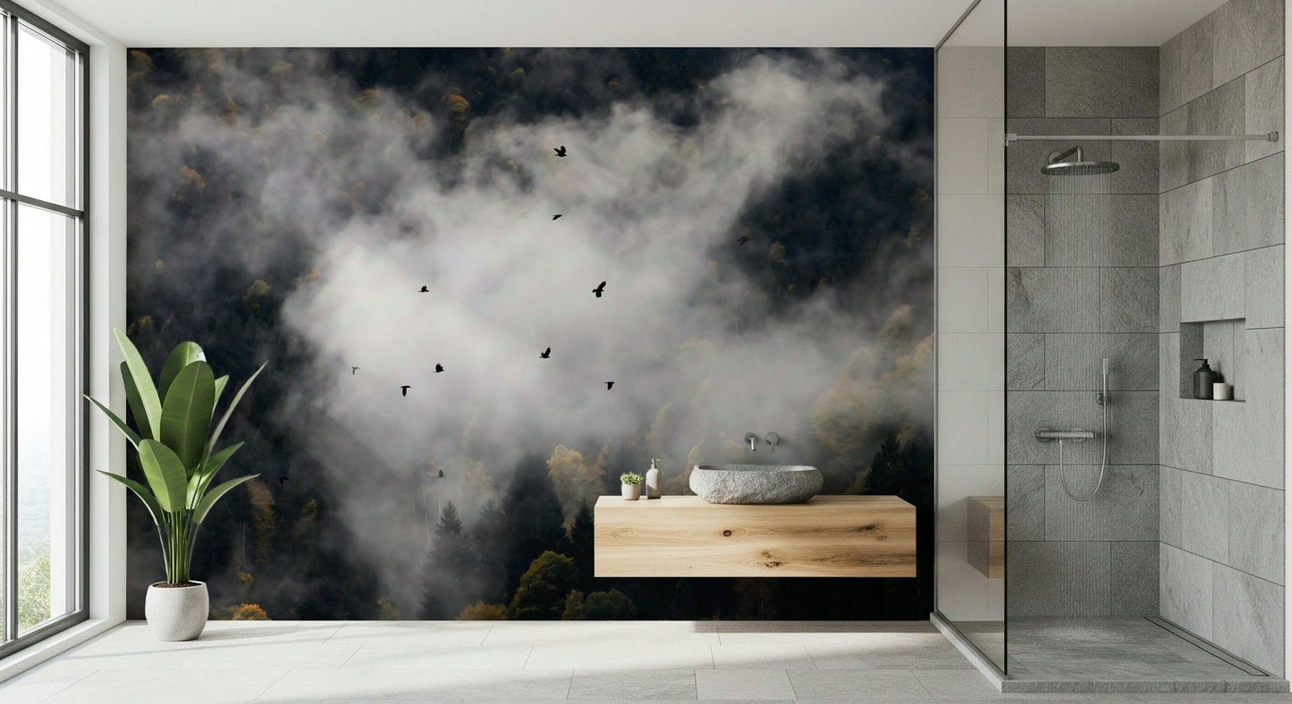 Flock of birds amidst heavy fog mural, the awesome Woodland Flock in Fog.