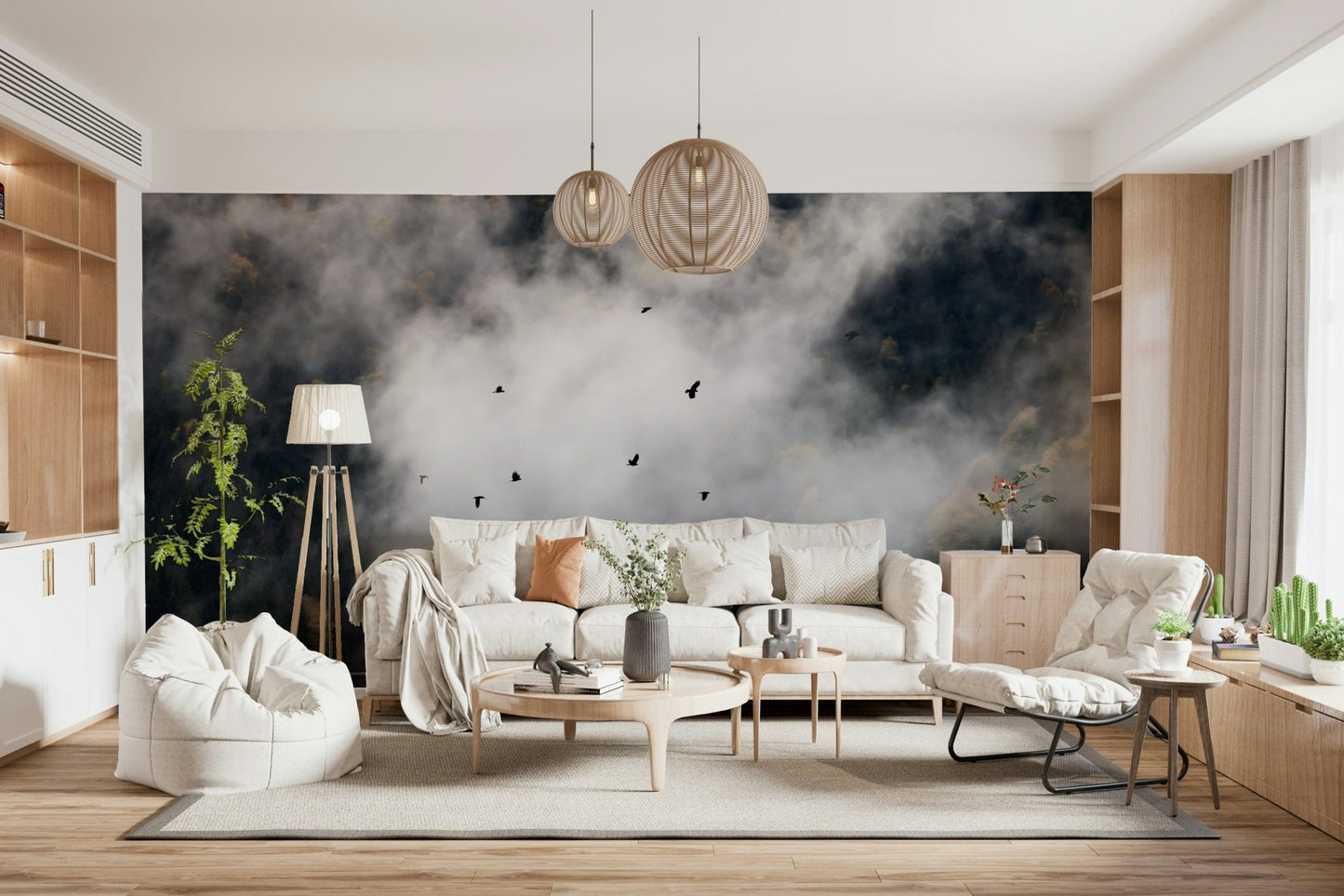 Vertical, intense cloud movement wallpaper with Woodland Flock in Fog design.