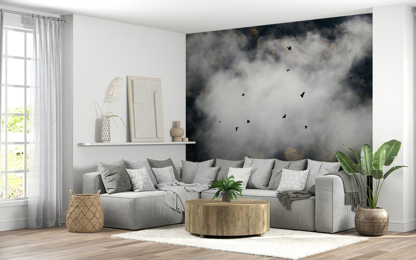 Energetic, wildlife silhouette mural of the majestic Woodland Flock in Fog.