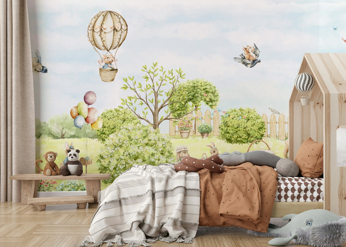 Enchanting forest scene with woodland creatures.

