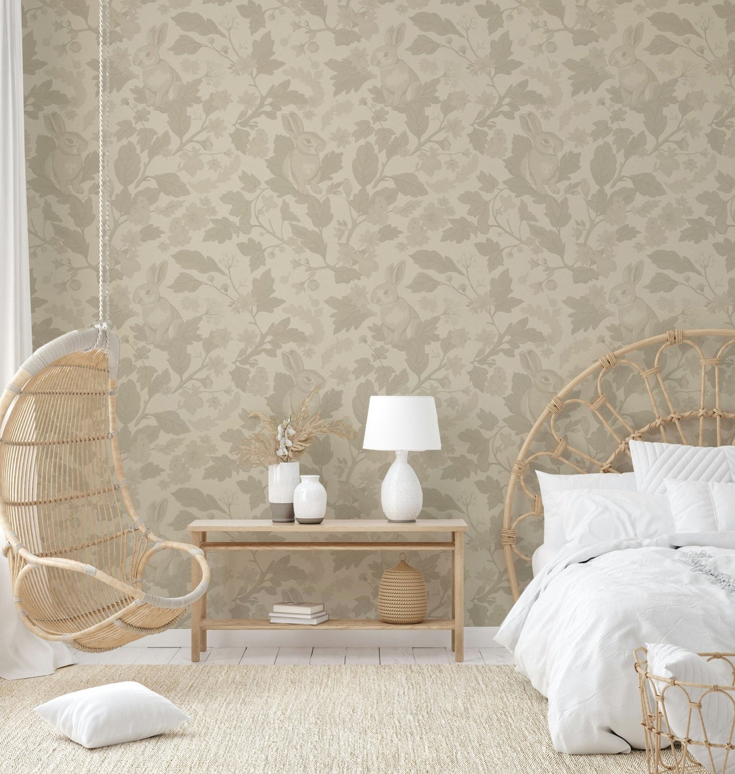 Woodland garden design in solid vintage beige wallpaper., GD1123