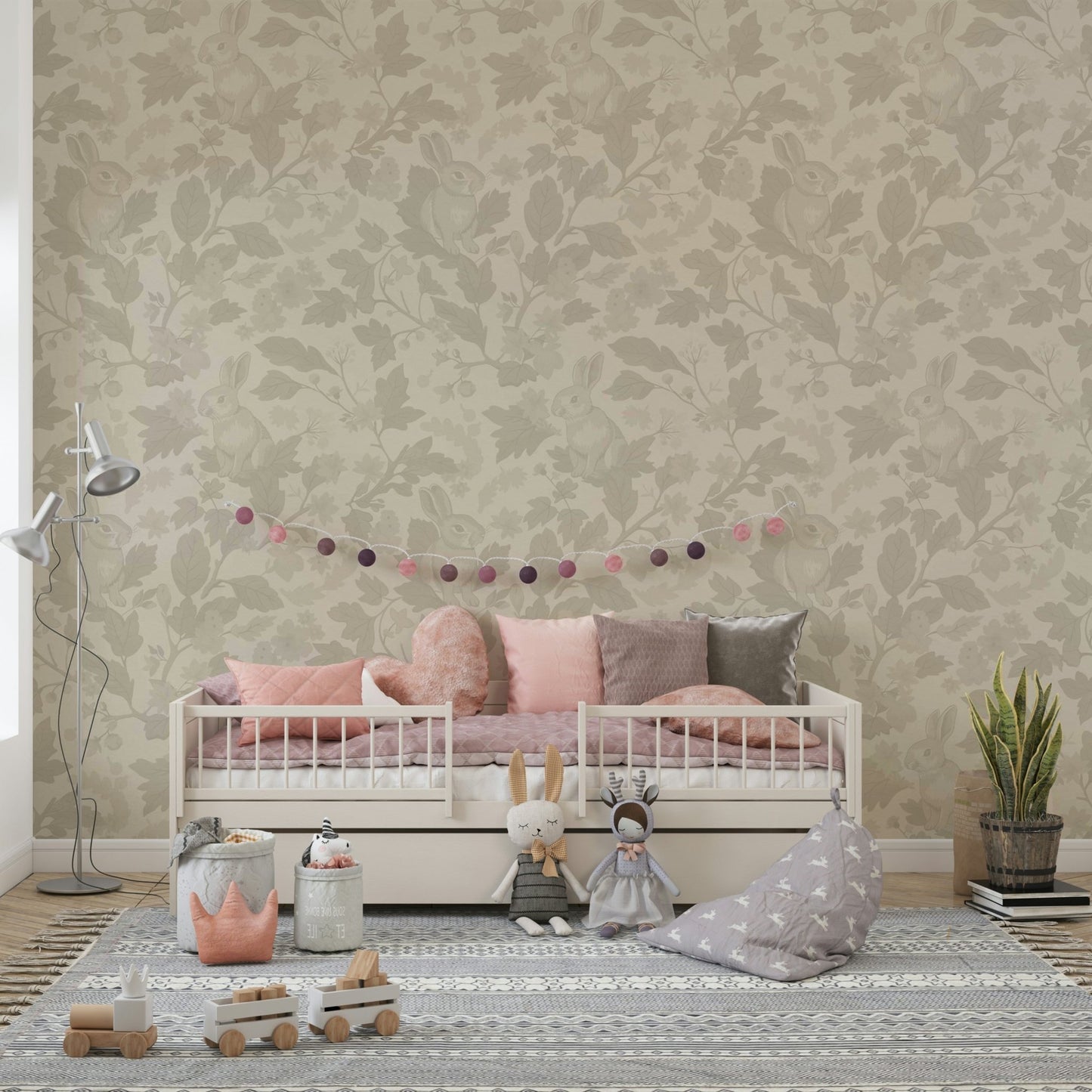 Soft beige woodland garden wallpaper for cozy spaces., GD1123