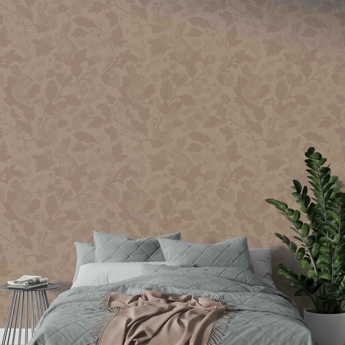 Solid blush wallpaper with woodland garden theme.

