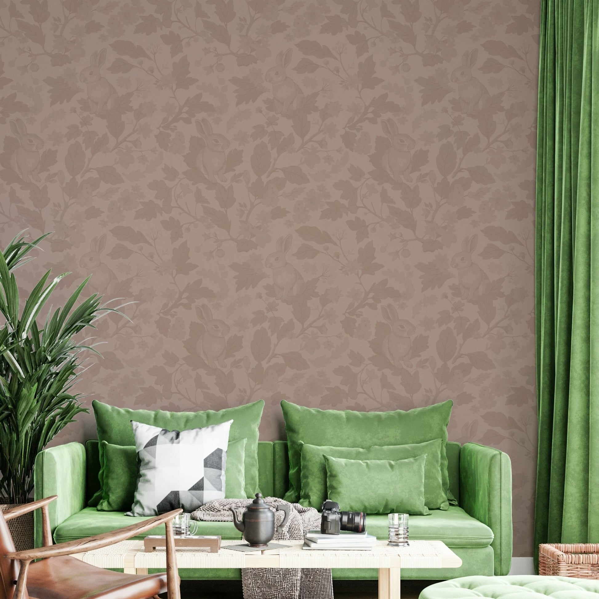 Solid vintage blush wallpaper featuring woodland elements.

