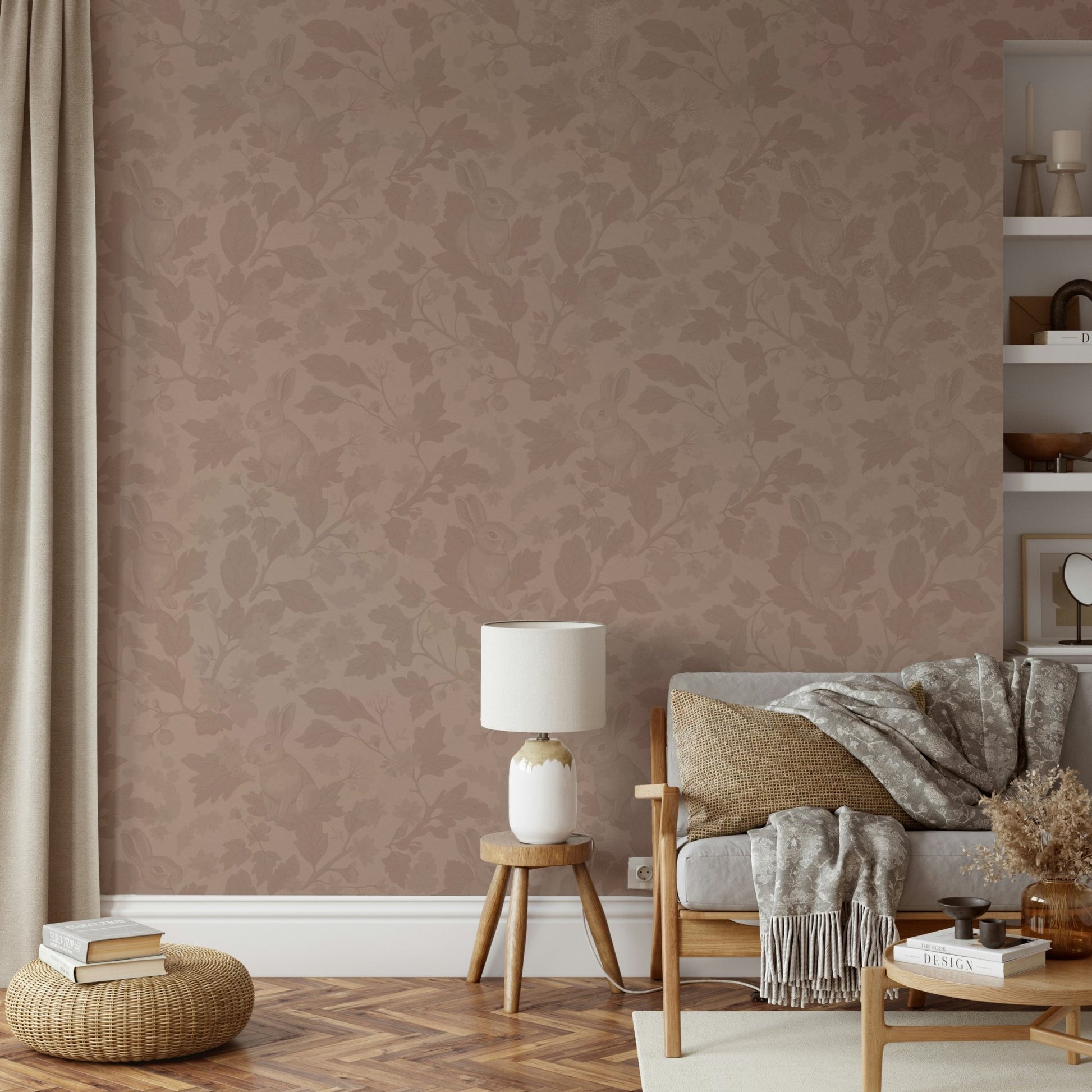 Woodland garden in soft vintage blush wallpaper.

