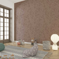 Soft woodland garden pattern in vintage blush wallpaper.

