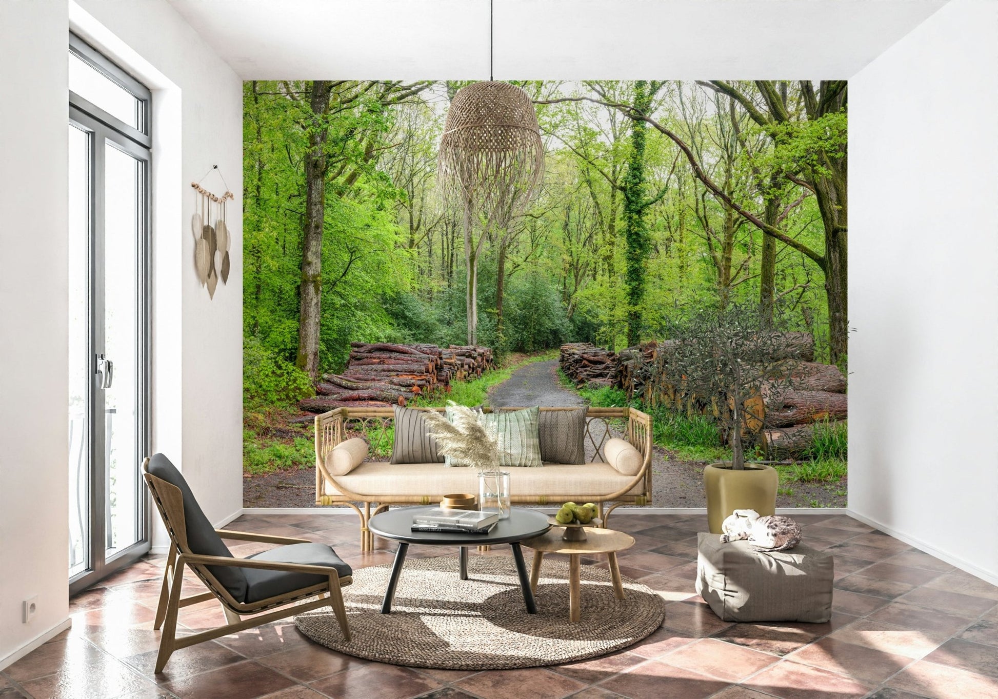 Tall tree Woodland Harmony Wall Mural trunks and greenery.