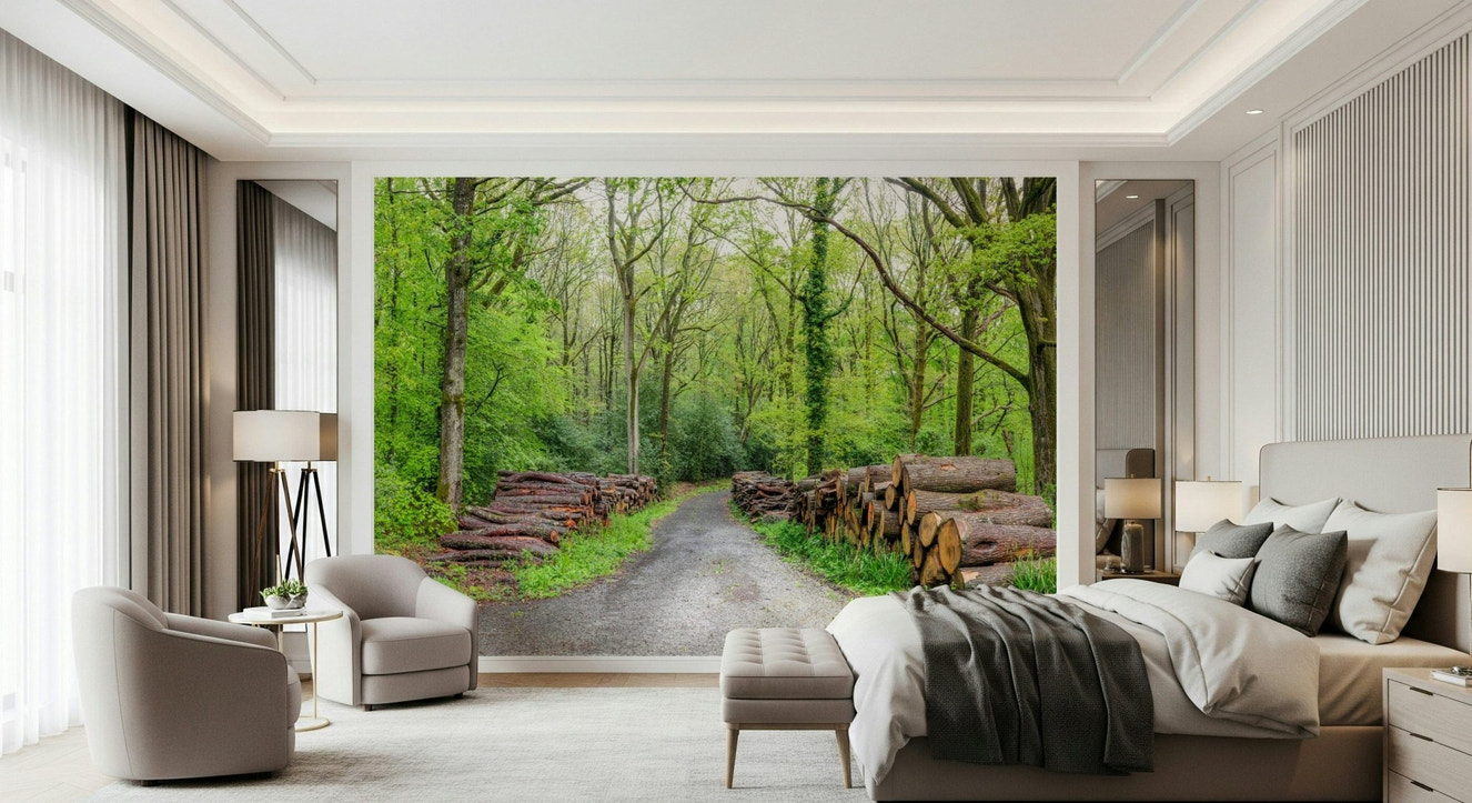 Lush green Woodland Harmony Wall Mural forest scene.