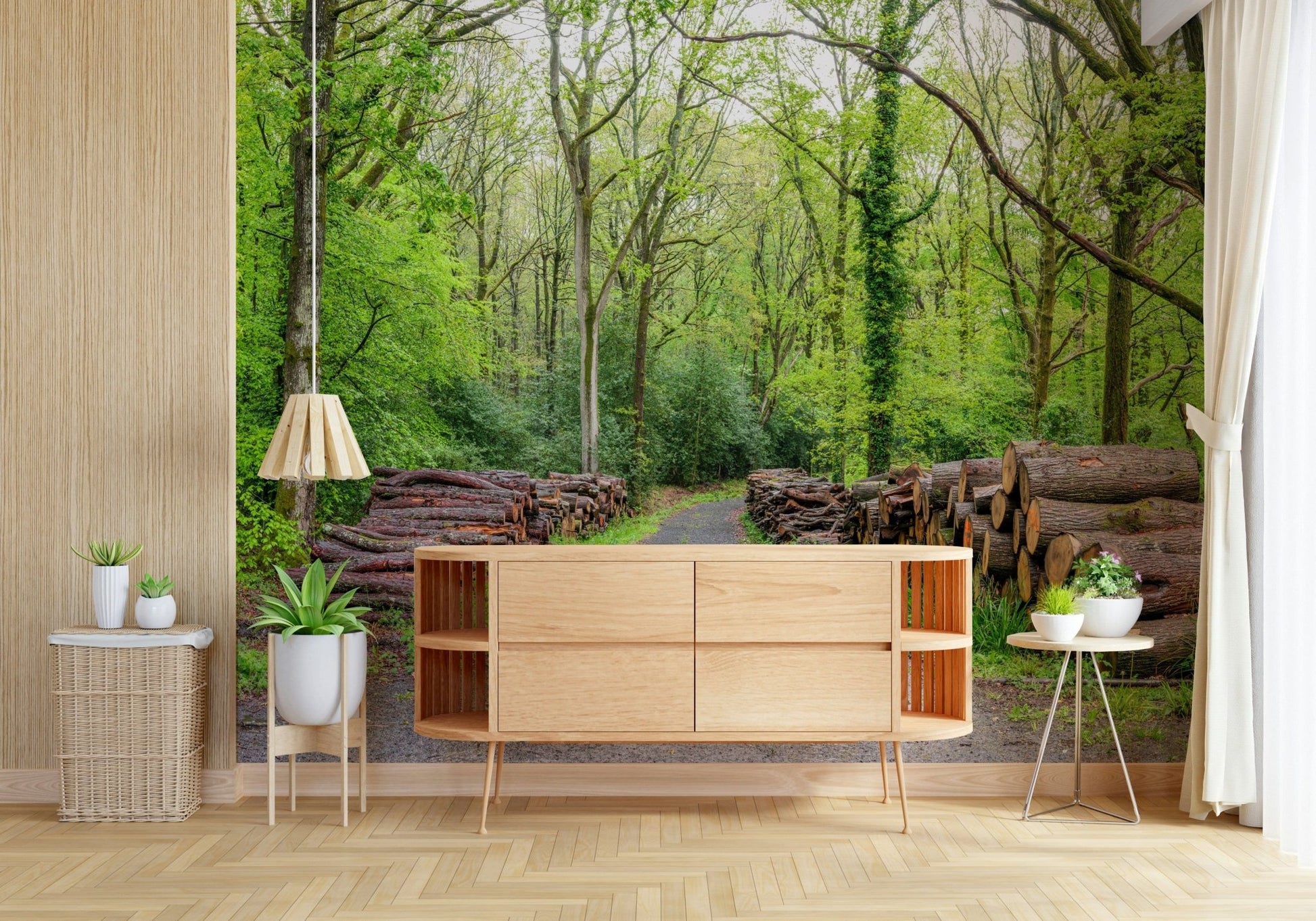 Path through Woodland Harmony Wall Mural lined with logs.
