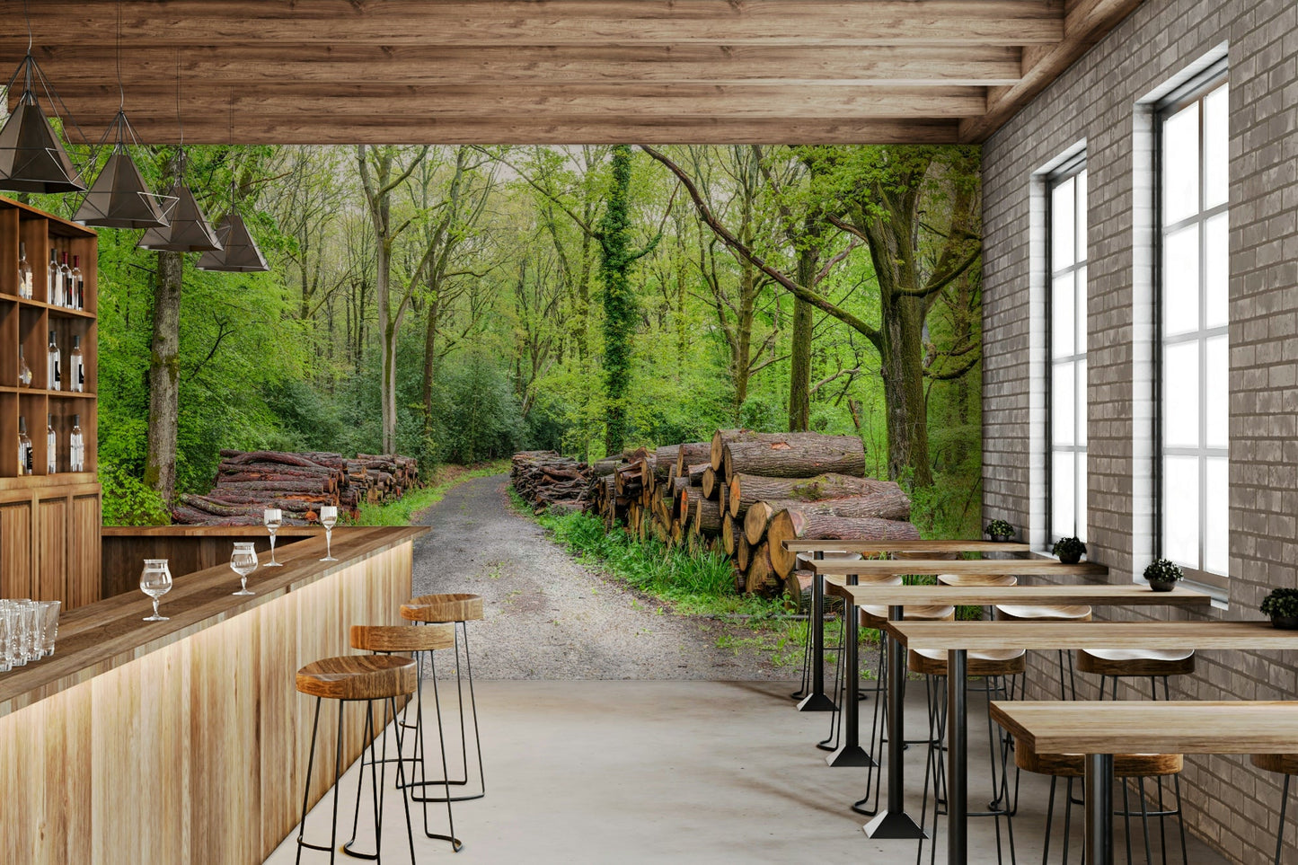 Natural wood Woodland Harmony Wall Mural stacked logs image.