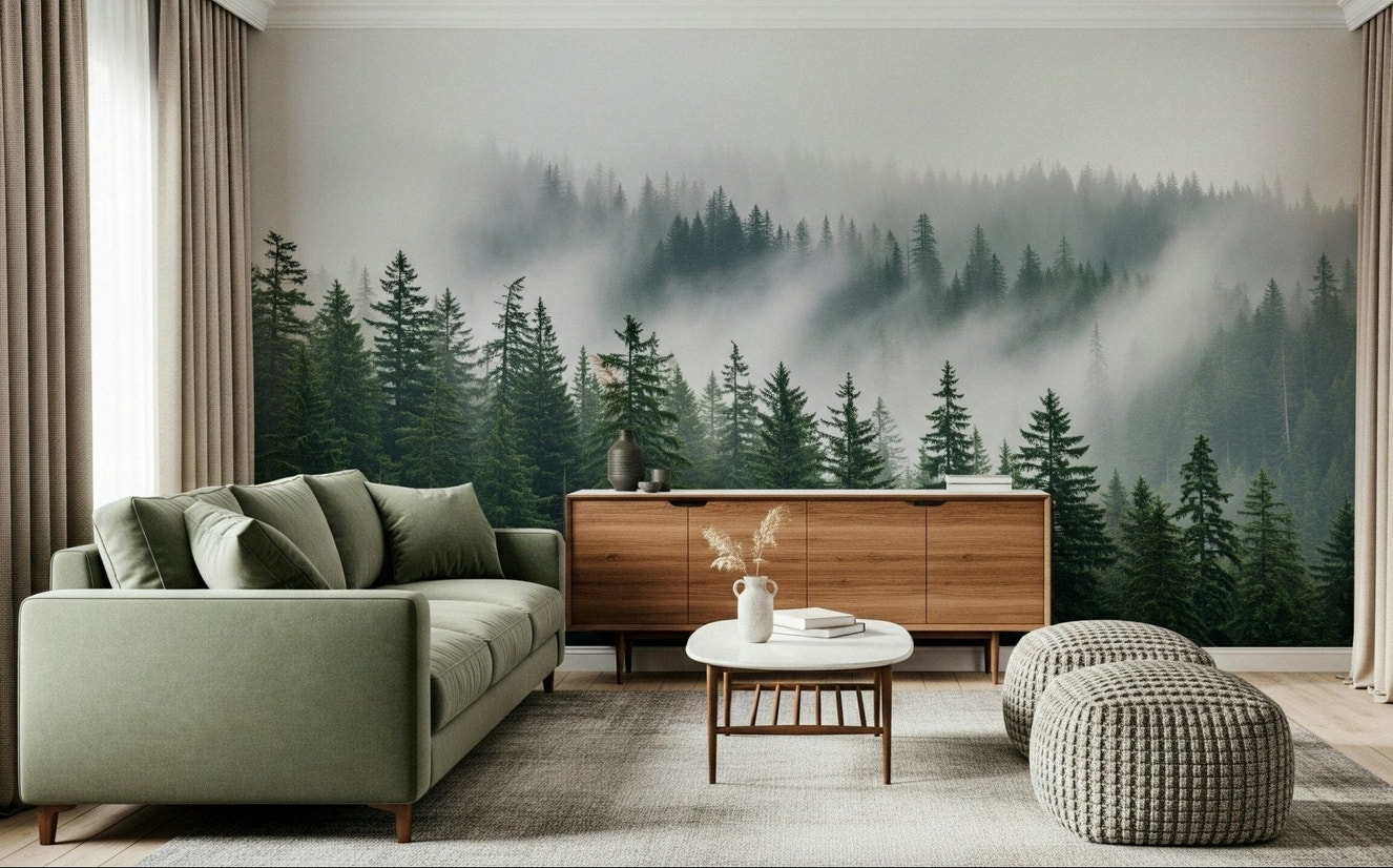 Minimalist forest wallpaper featuring ethereal trees and misty horizons.