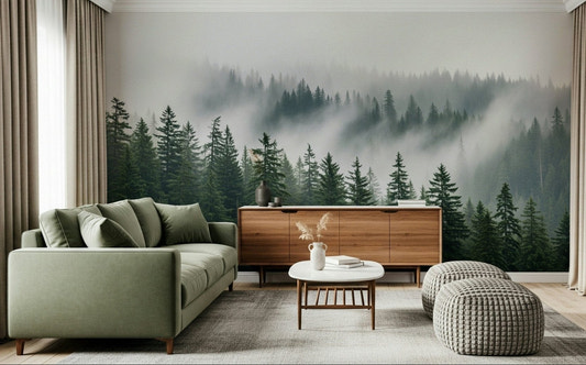 Minimalist forest wallpaper featuring ethereal trees and misty horizons.