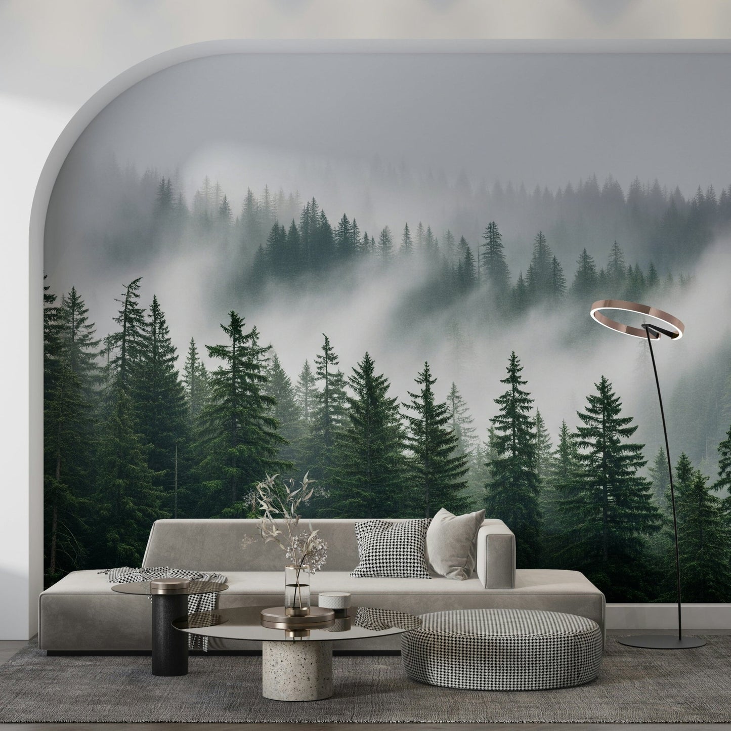 Atmospheric woodland haze wall mural with a foggy grey landscape.