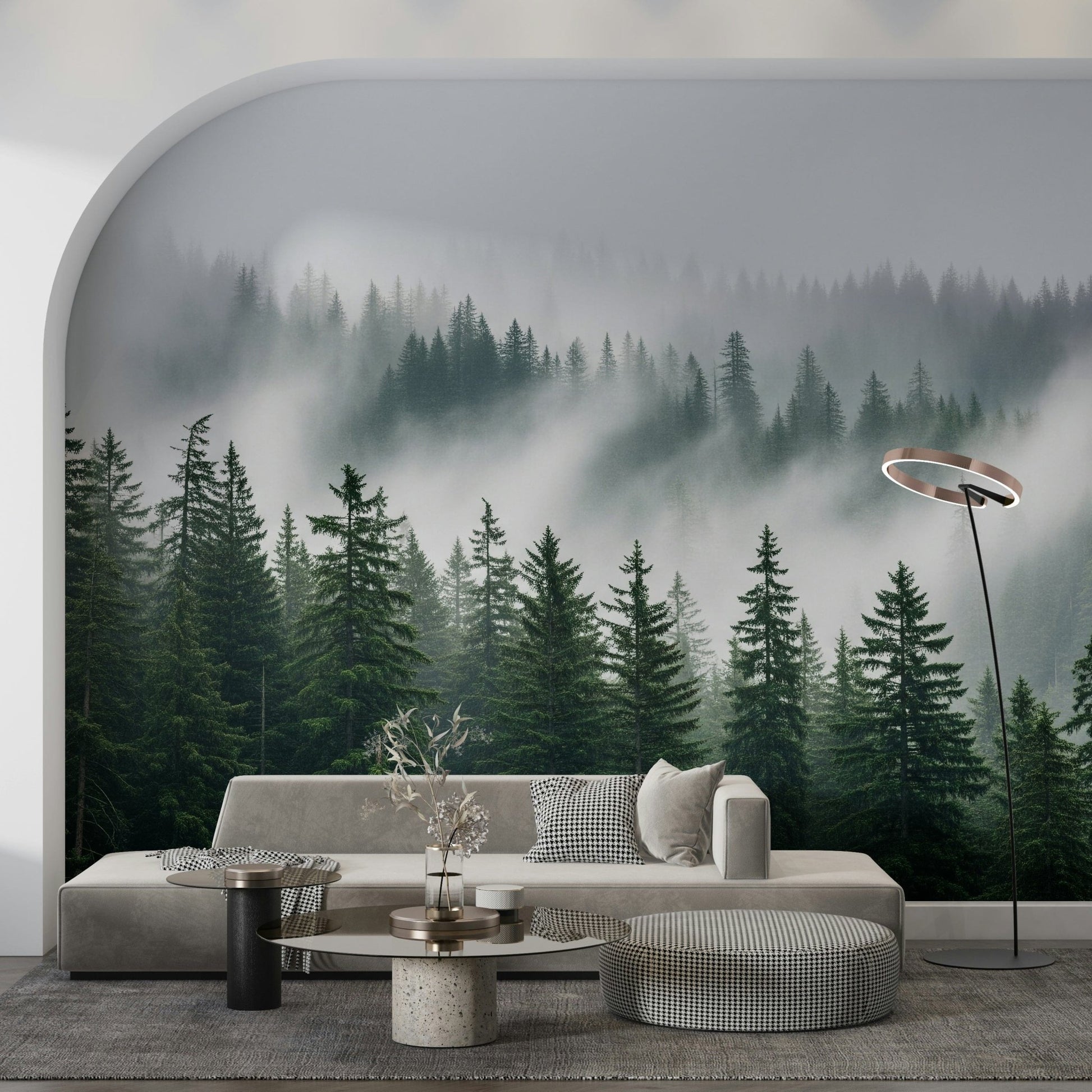 Atmospheric woodland haze wall mural with a foggy grey landscape.