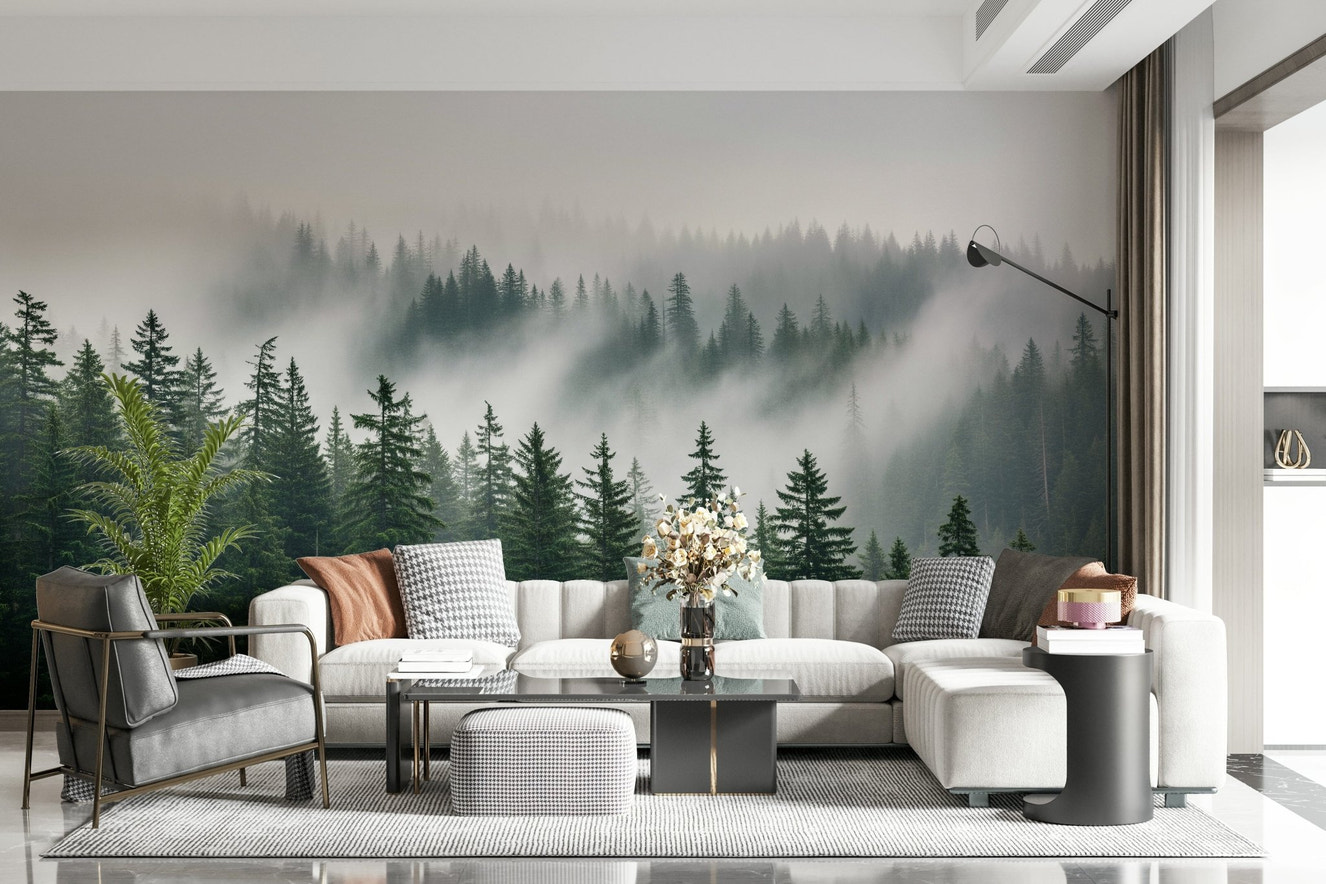 Misty forest wallpaper showing silhouetted trees in a soft woodland haze.