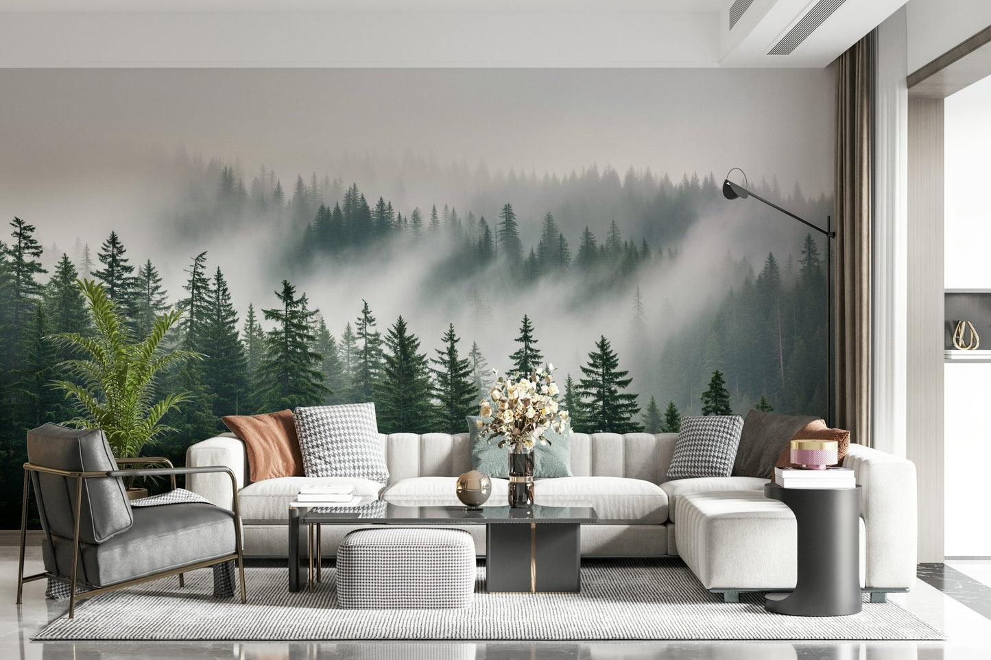 Misty forest wallpaper showing silhouetted trees in a soft woodland haze.