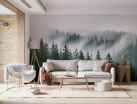 Detailed forest wall mural with layered silhouettes and misty depth.