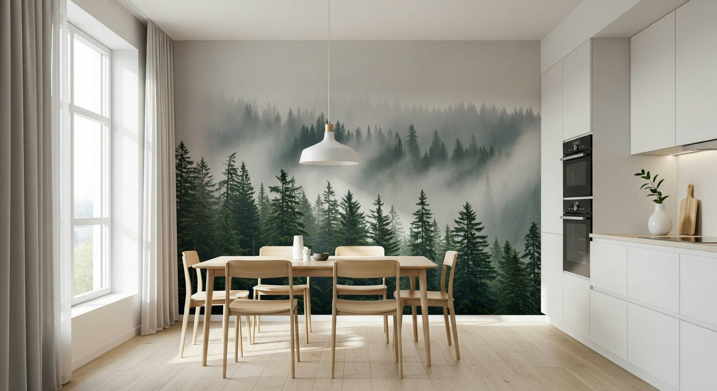 Monochromatic tree wallpaper with a deep woodland haze aesthetic.