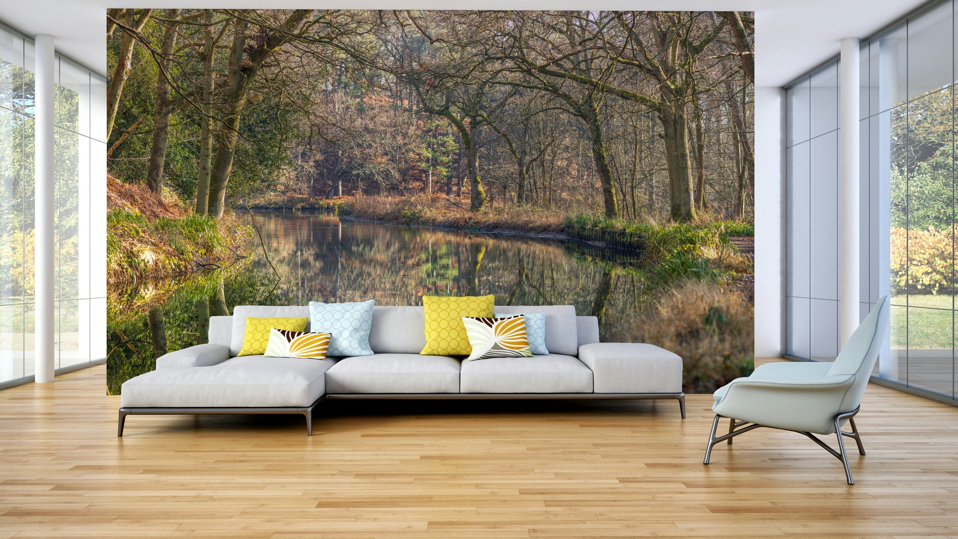 High-resolution image of a reflective woodland.

