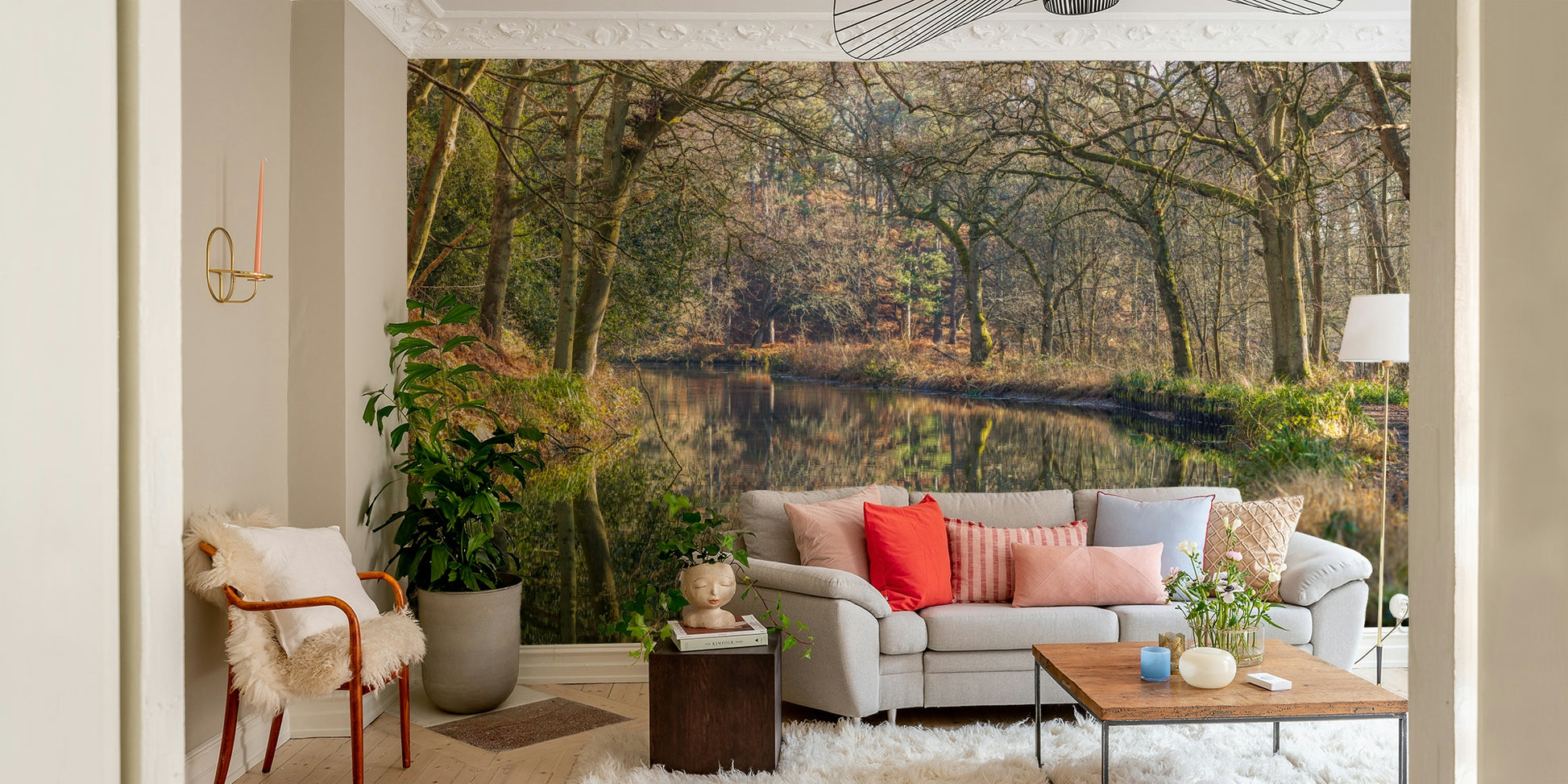 Trees and sky reflected in still water.

