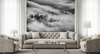 Atmospheric Velocity mural, misty valley scene, forest silhouette, striking wall accent., GD6942