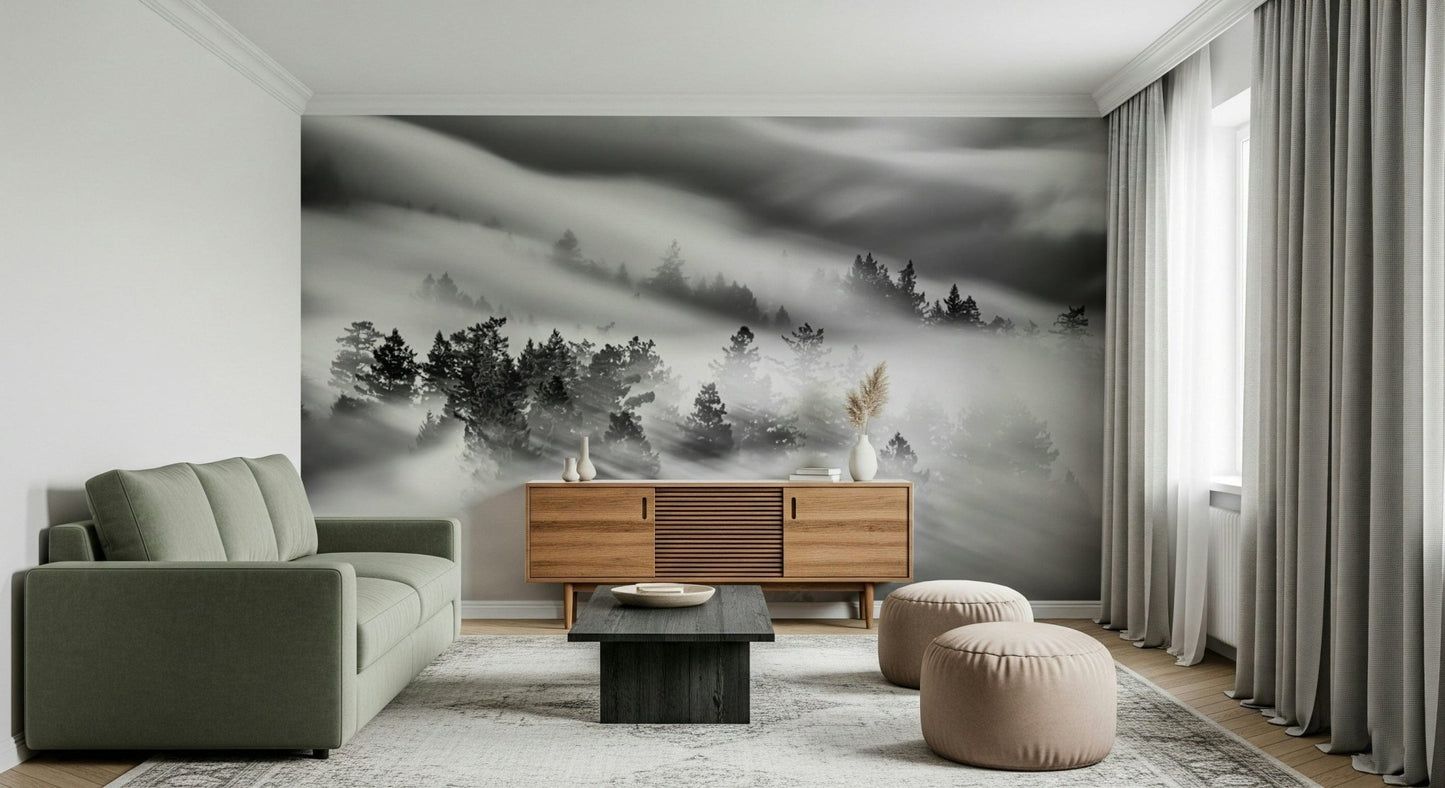 Serene Woodland Mist wallpaper, moody photograph, pine trees covered in heavy haze., GD6942