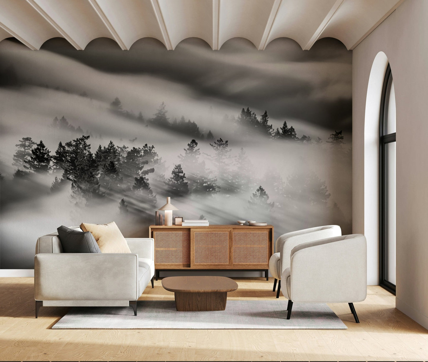 Modern Woodland Mist wallpaper, dark forest canopy, soft light rays, captivating image., GD6942
