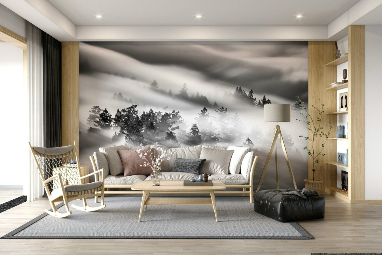 Woodland Mist Velocity wallpaper, moving fog over pine forest, black white landscape.