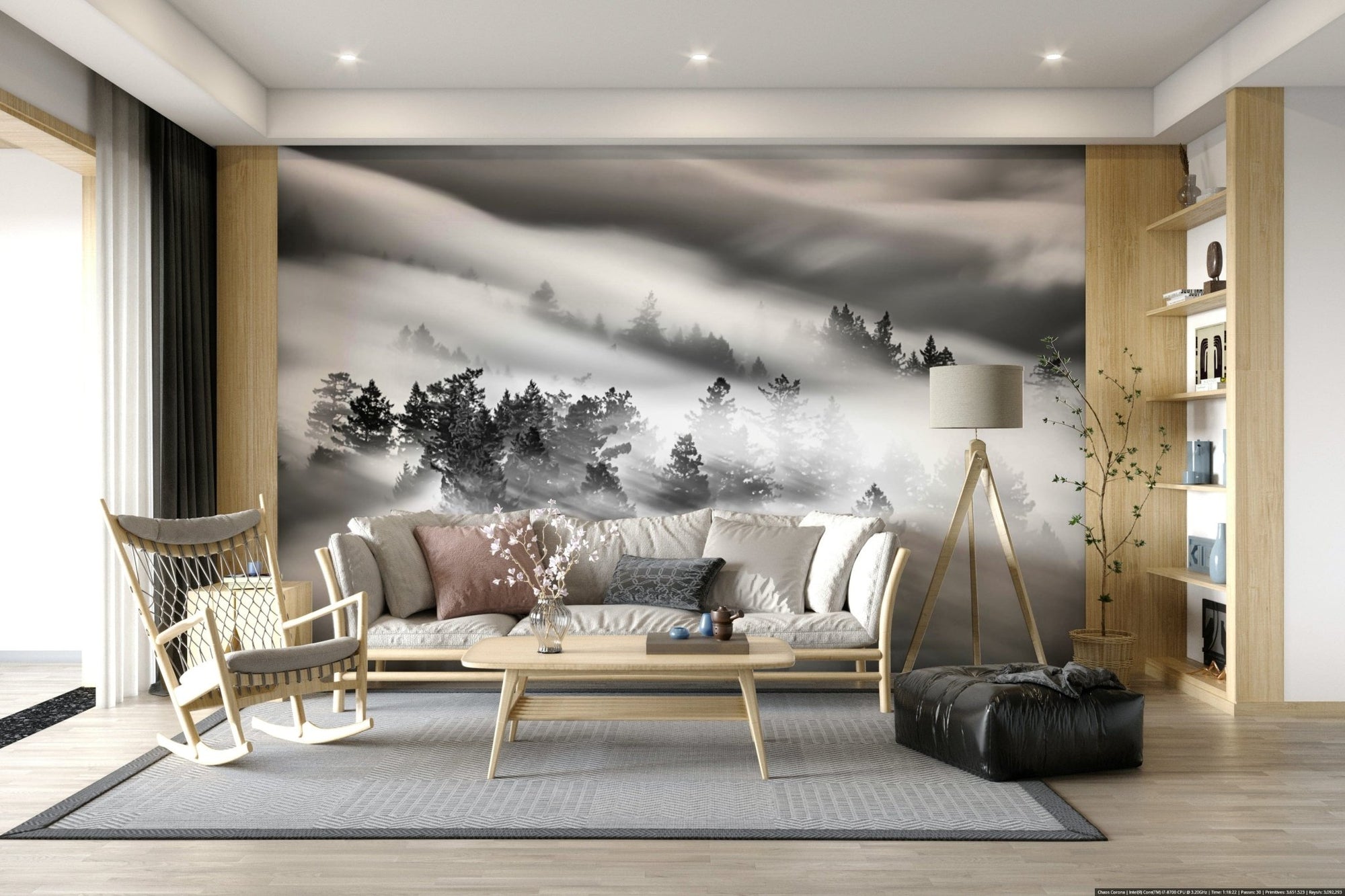 Woodland Mist Velocity wallpaper, moving fog over pine forest, black white landscape., GD6942