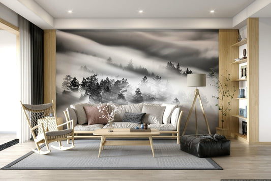 Woodland Mist Velocity wallpaper, moving fog over pine forest, black white landscape.