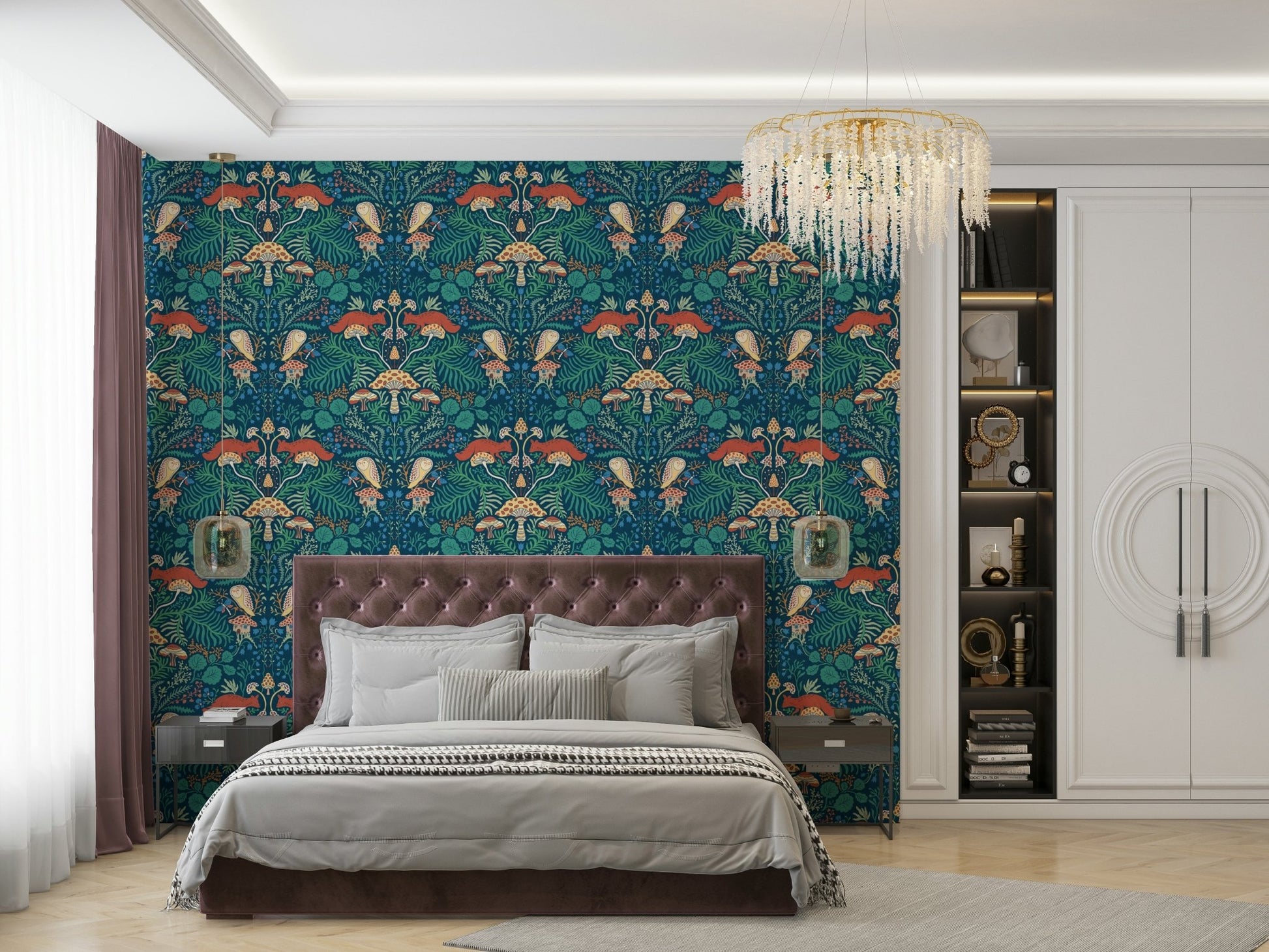 Features various types of mushrooms, possibly with accompanying foliage or forest elements.

