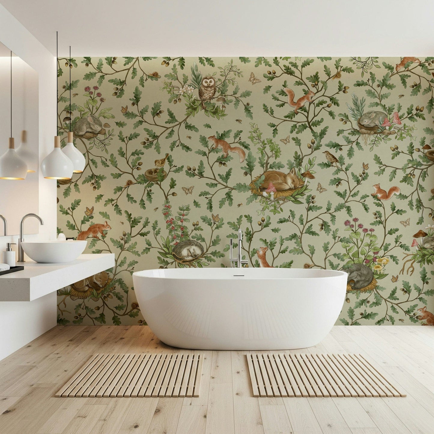 Soft color palette of the delightful Woodland Naptime Tales Wall Mural