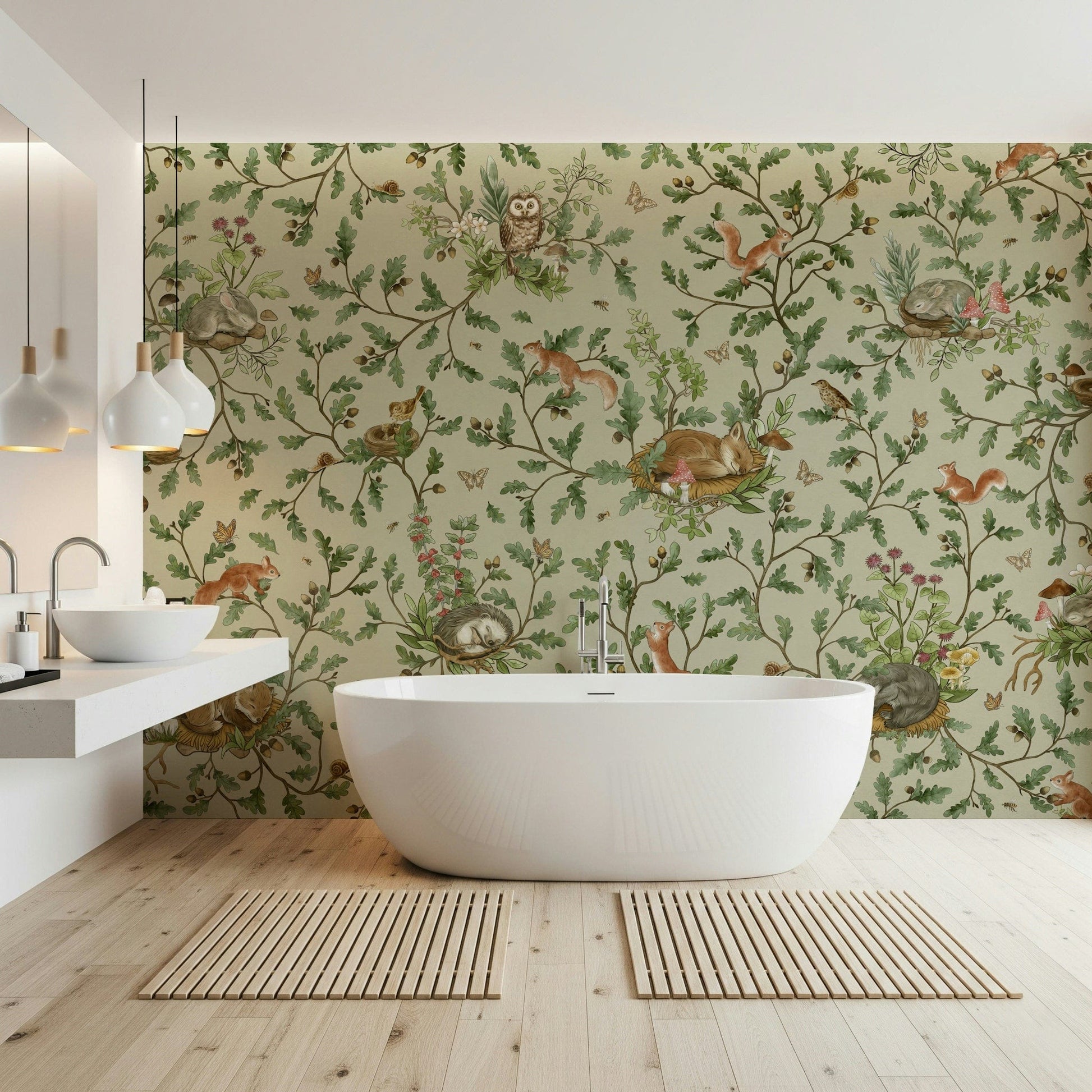 Soft color palette of the delightful Woodland Naptime Tales Wall Mural