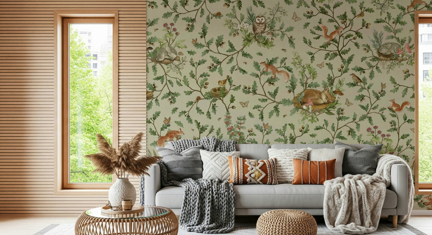 Woodland Naptime Tales Wall Mural in a bright nursery