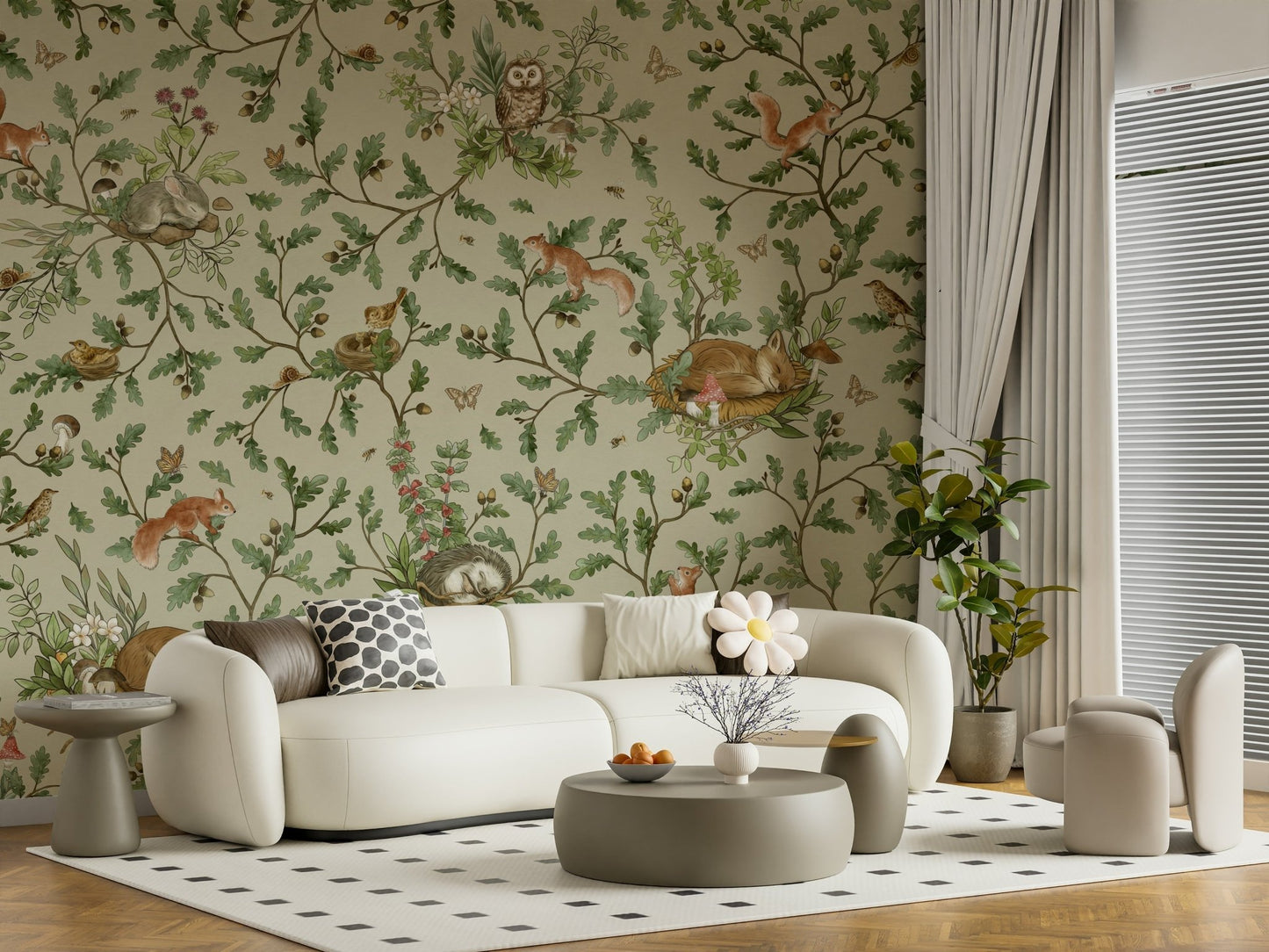 Artistic render of the dreamy Woodland Naptime Tales Wall Mural