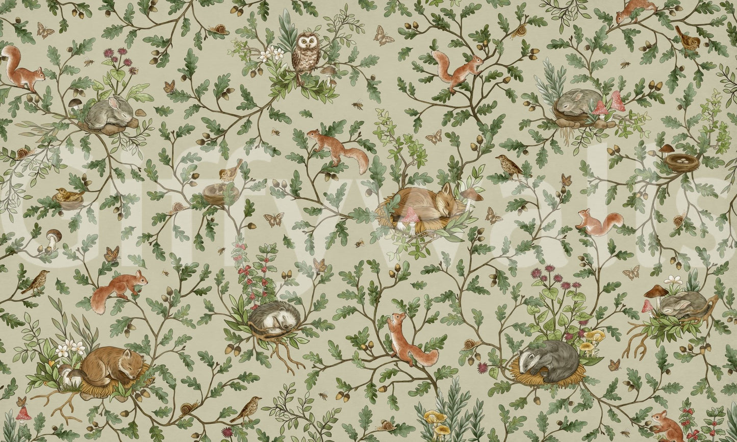 Playroom decor with the serene Woodland Naptime Tales Wall Mural