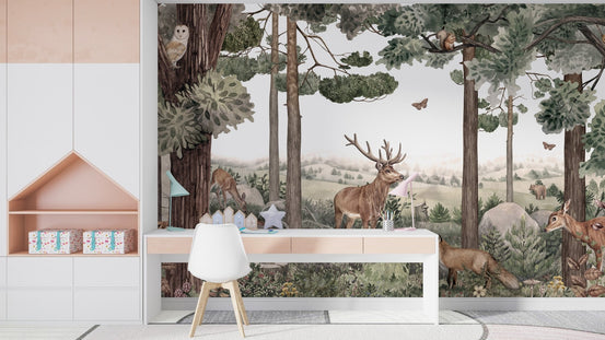 Forest Jive stag and deer wallpaper mural with wildlife KB28