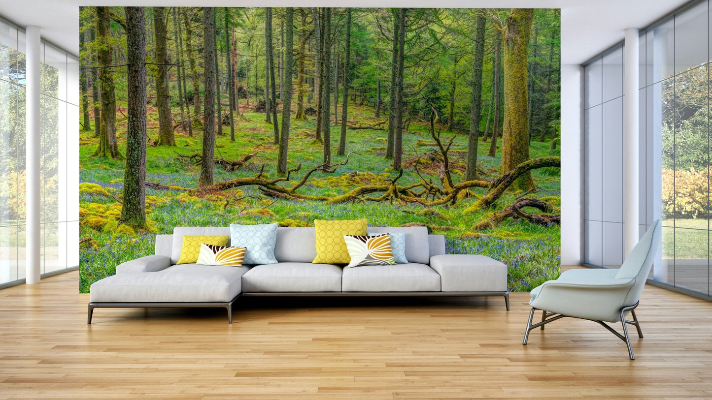 Lush trees on a wall mural.

