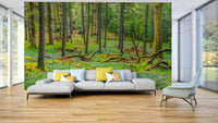 Lush trees on a wall mural.

