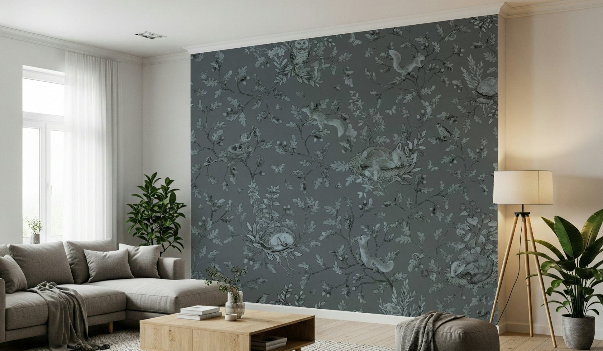 Cozy corner setting with the beautiful Woodland Slumber Wall Mural
