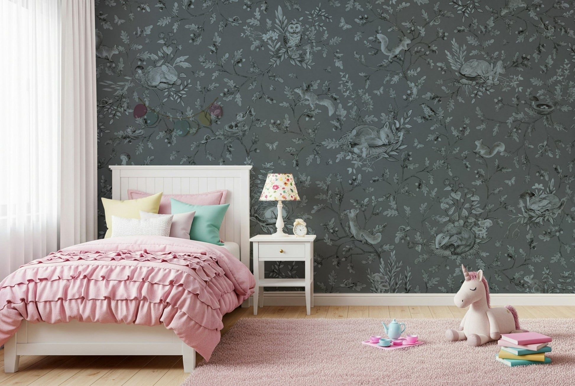 Design showing sleeping woodland creatures in the mural