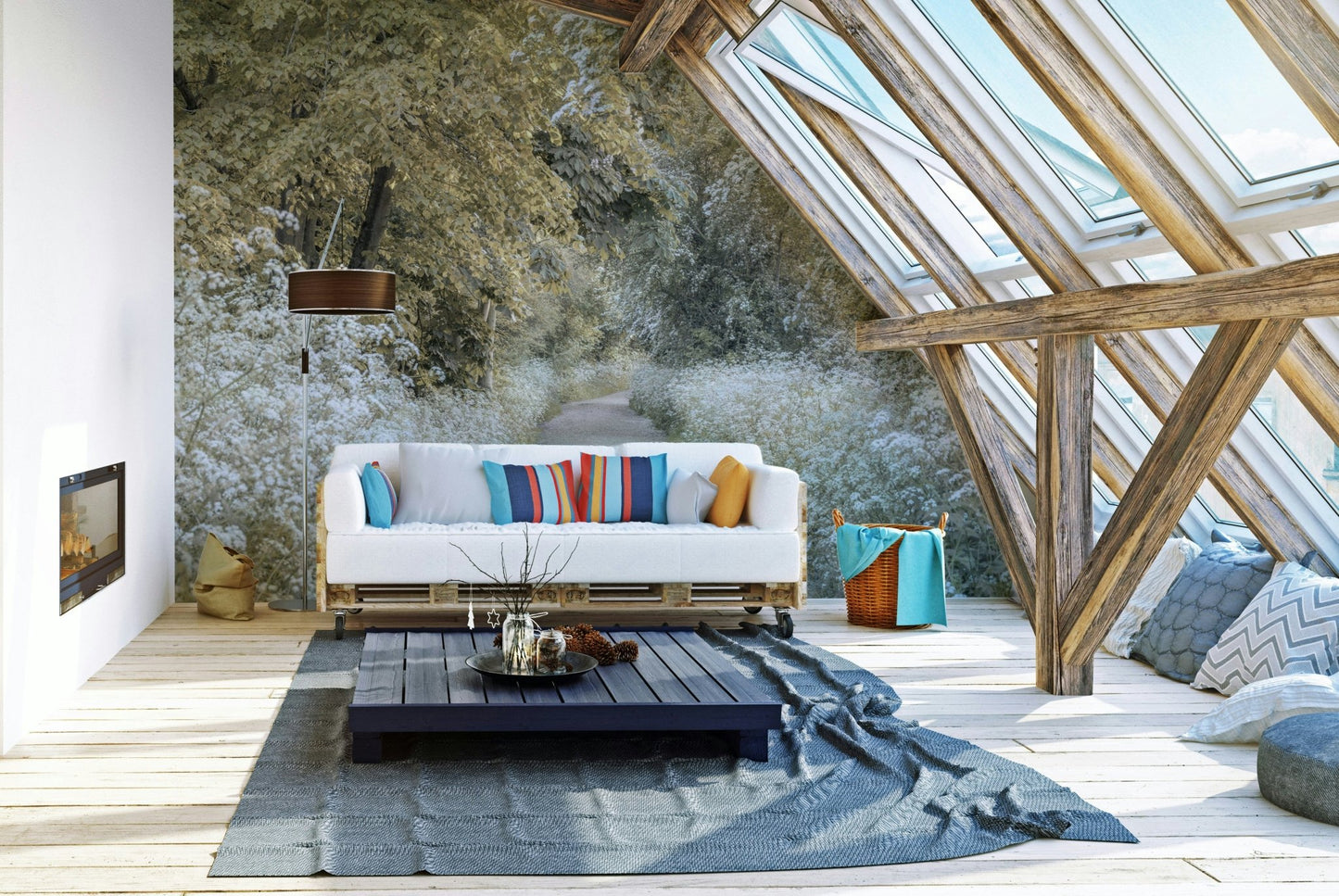 Peaceful forest path mural with flowers

