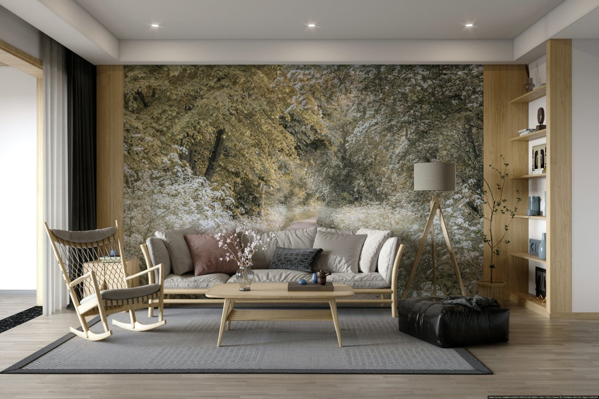 Nature wall mural with blooming forest trail

