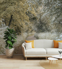 Forest mural with floral path and soft light

