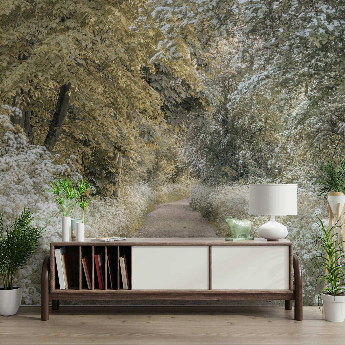 Springtime woodland path wallpaper design

