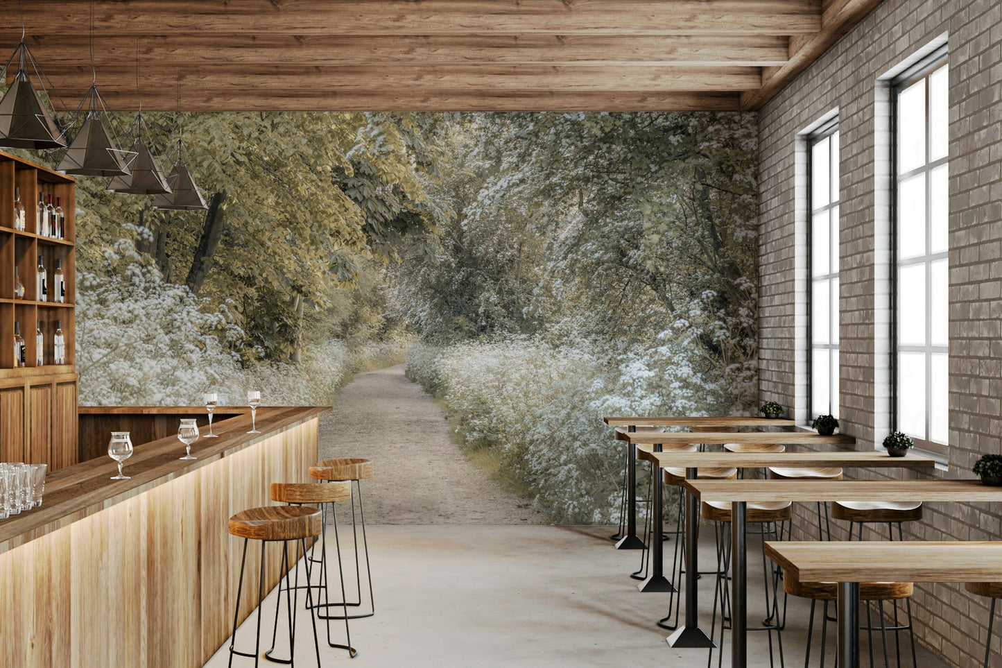 Scenic woodland trail in spring wall mural

