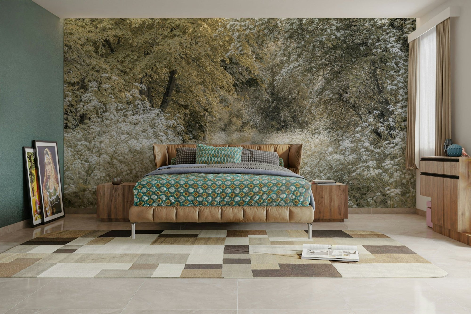 Woodland spring path mural with fresh greenery, GD1973