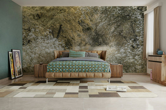 Woodland spring path mural with fresh greenery

