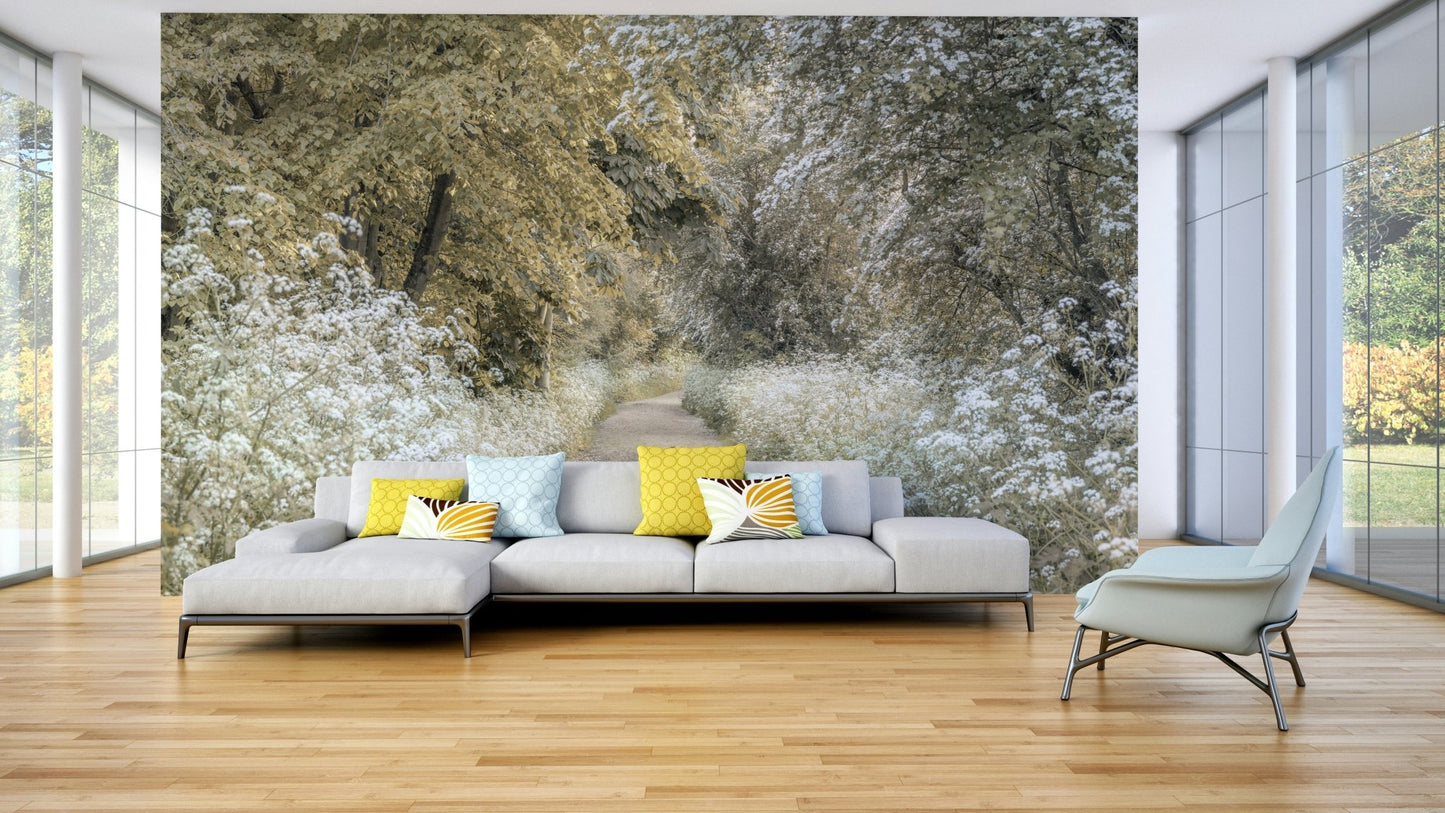 Serene woodland trail in springtime colors

