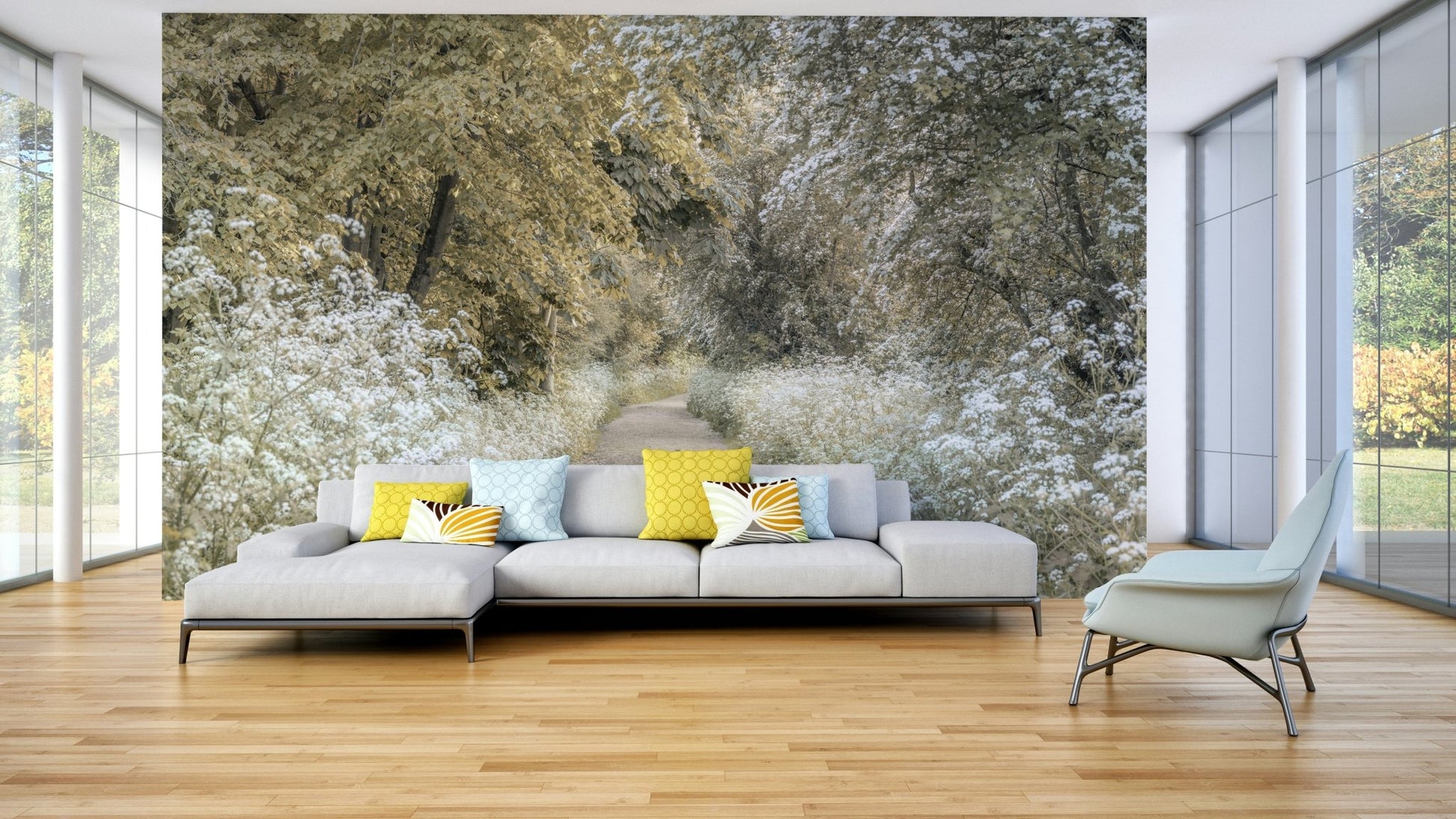 Serene woodland trail in springtime colors

